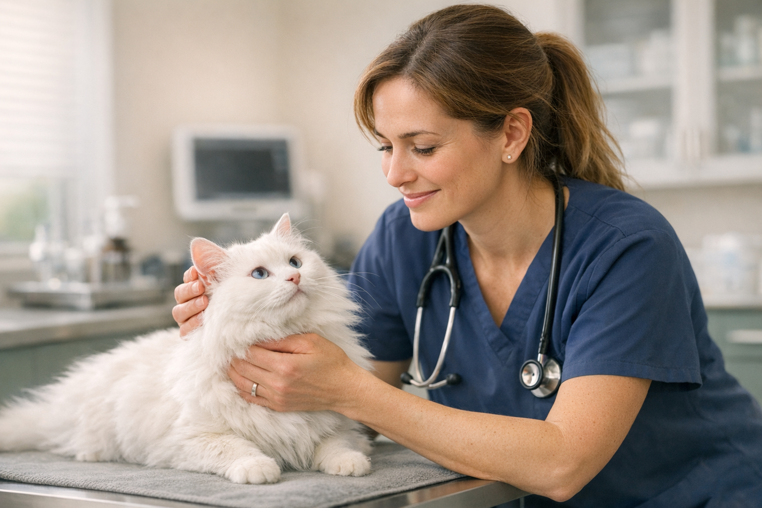 Beyaz kediyi dikkatle muayene eden veteriner