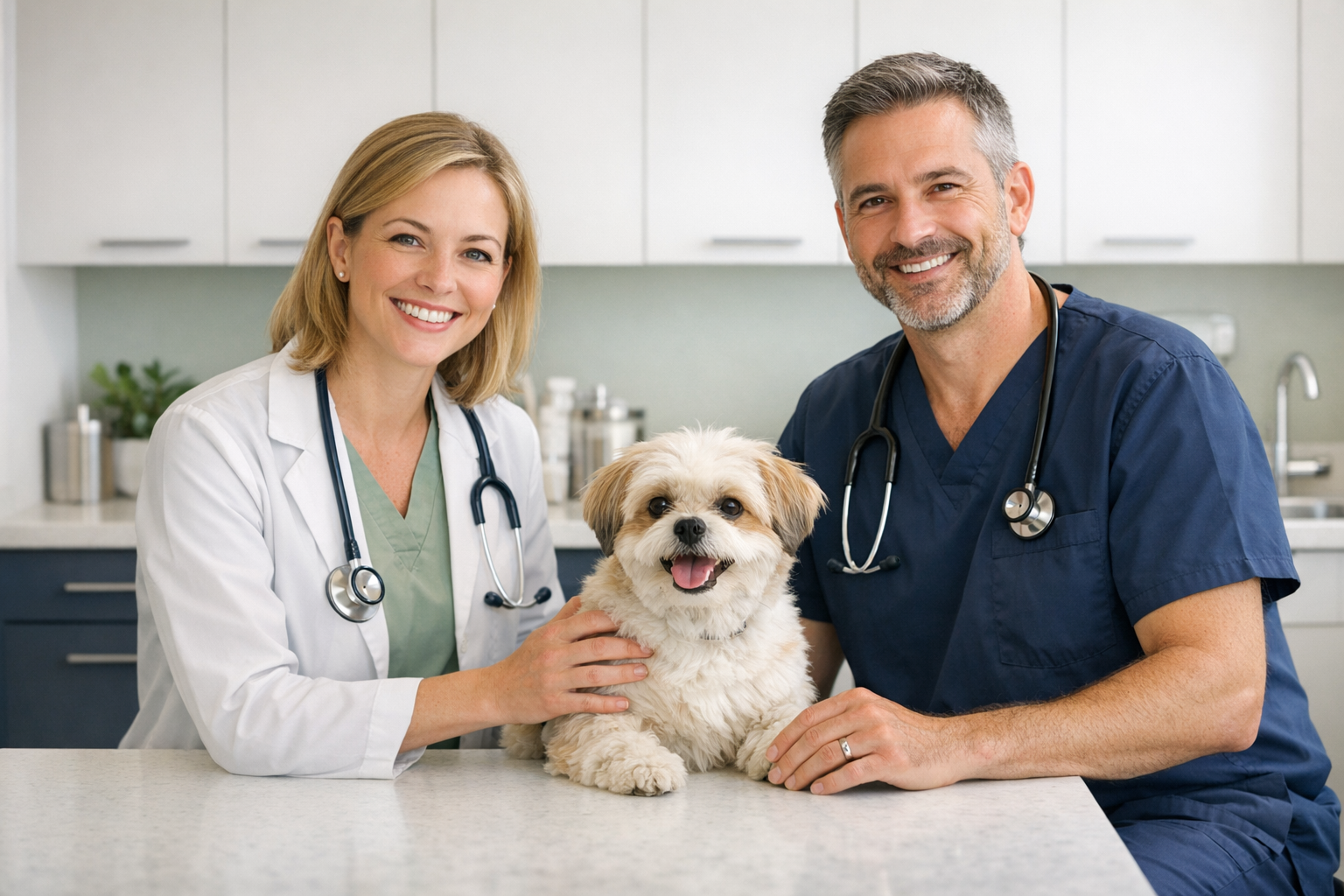 Küçük köpekle poz veren veteriner ekip